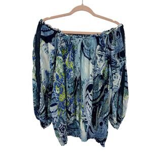 Desigual Off Shoulder Top Size XL Long Sleeves Blue Paisley Mediterranean Resort